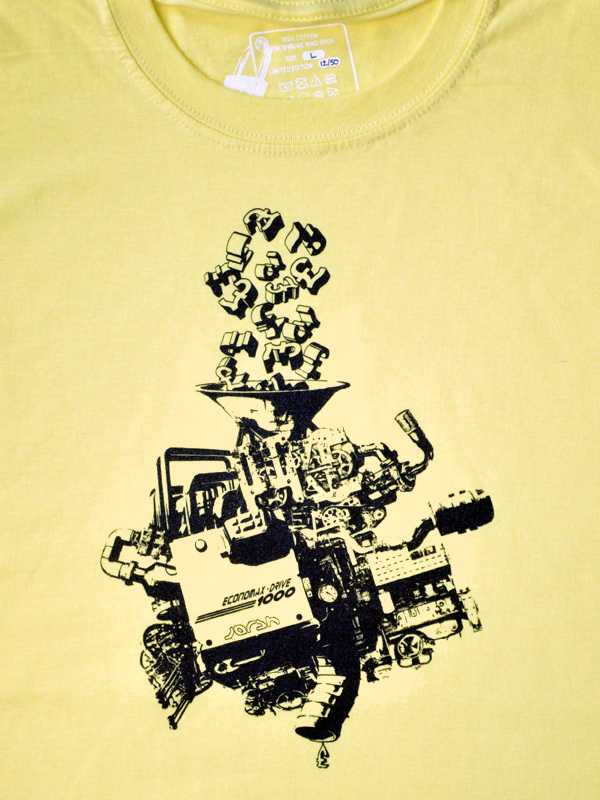 t-shirt depicting a nonsensical clunky machine processing large flows of input pound sterling into a much smaller dribble of output pound sterling.
